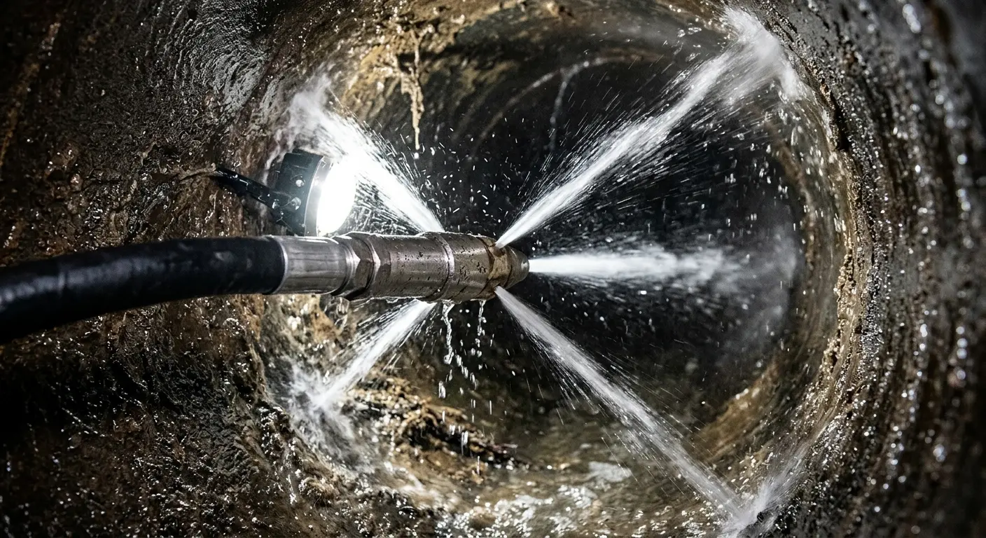 High-pressure hydro jetting nozzle cleaning sewer pipe for Trenchless Sewer Repair in West Long Branch