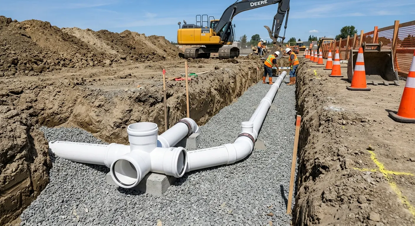 New PVC sewer pipe installation in open trench for Sewer Backup in West Long Branch
