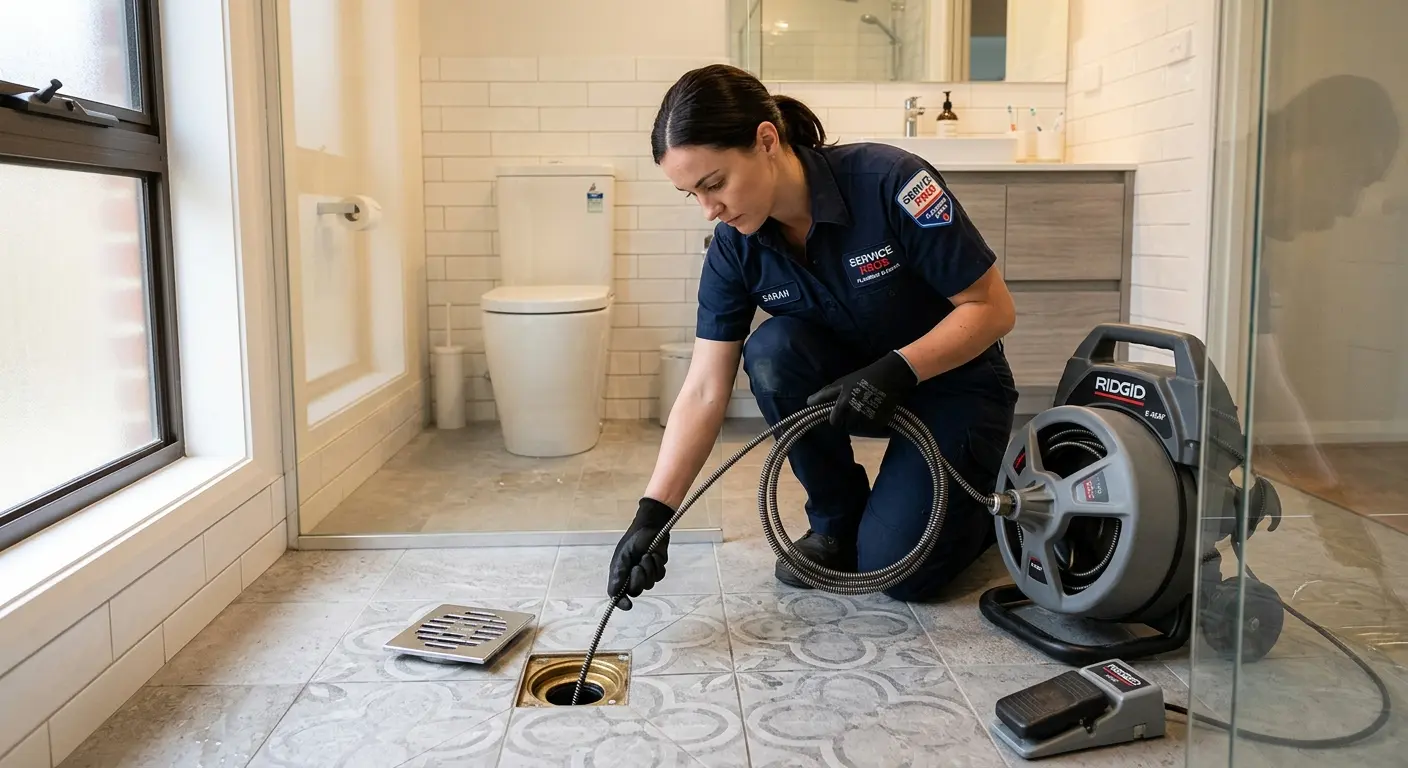 Technician clearing a bathroom floor drain for Drain Cleaning in West Long Branch